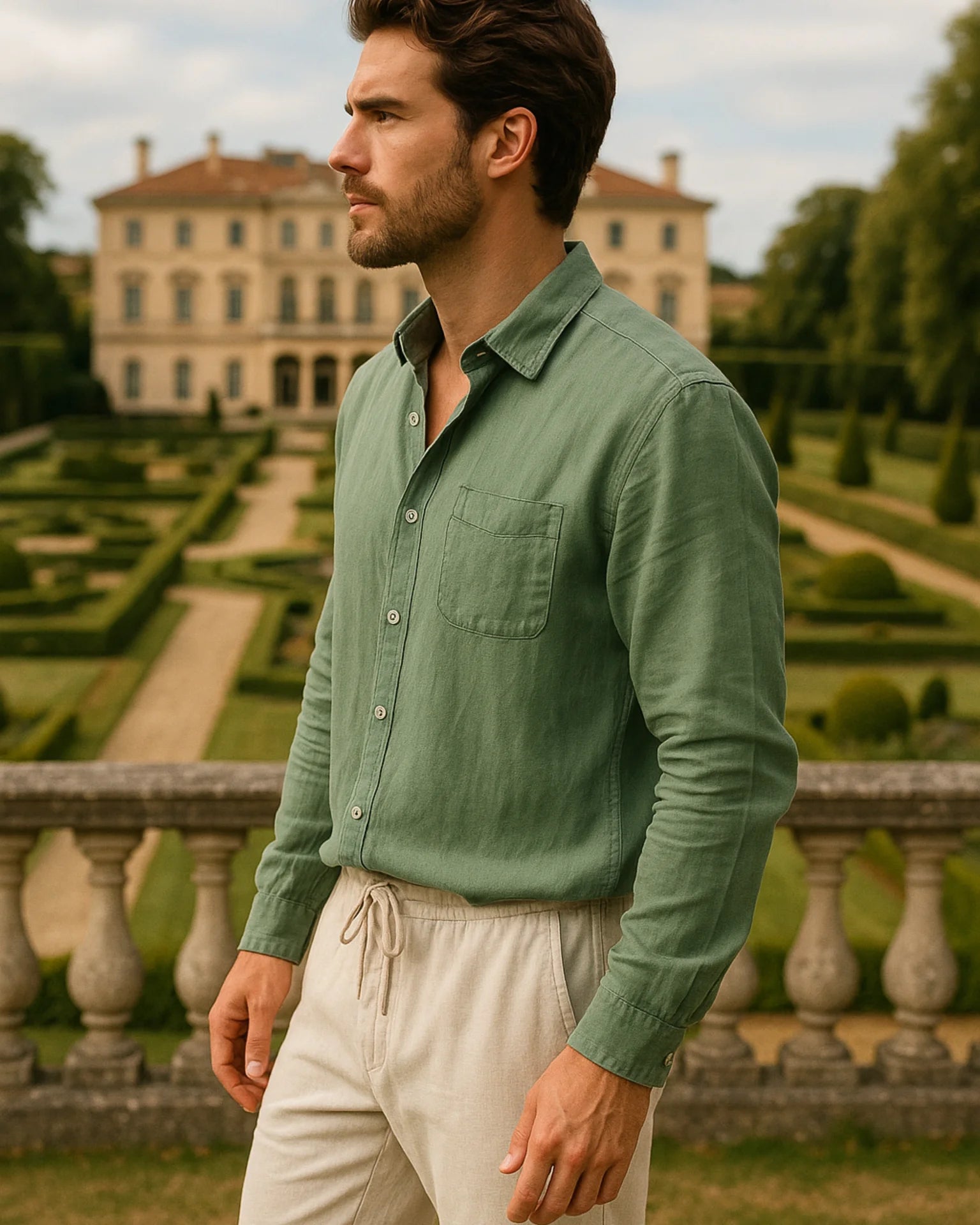 2 - PIECE LINEN SET - GREEN / BEIGE