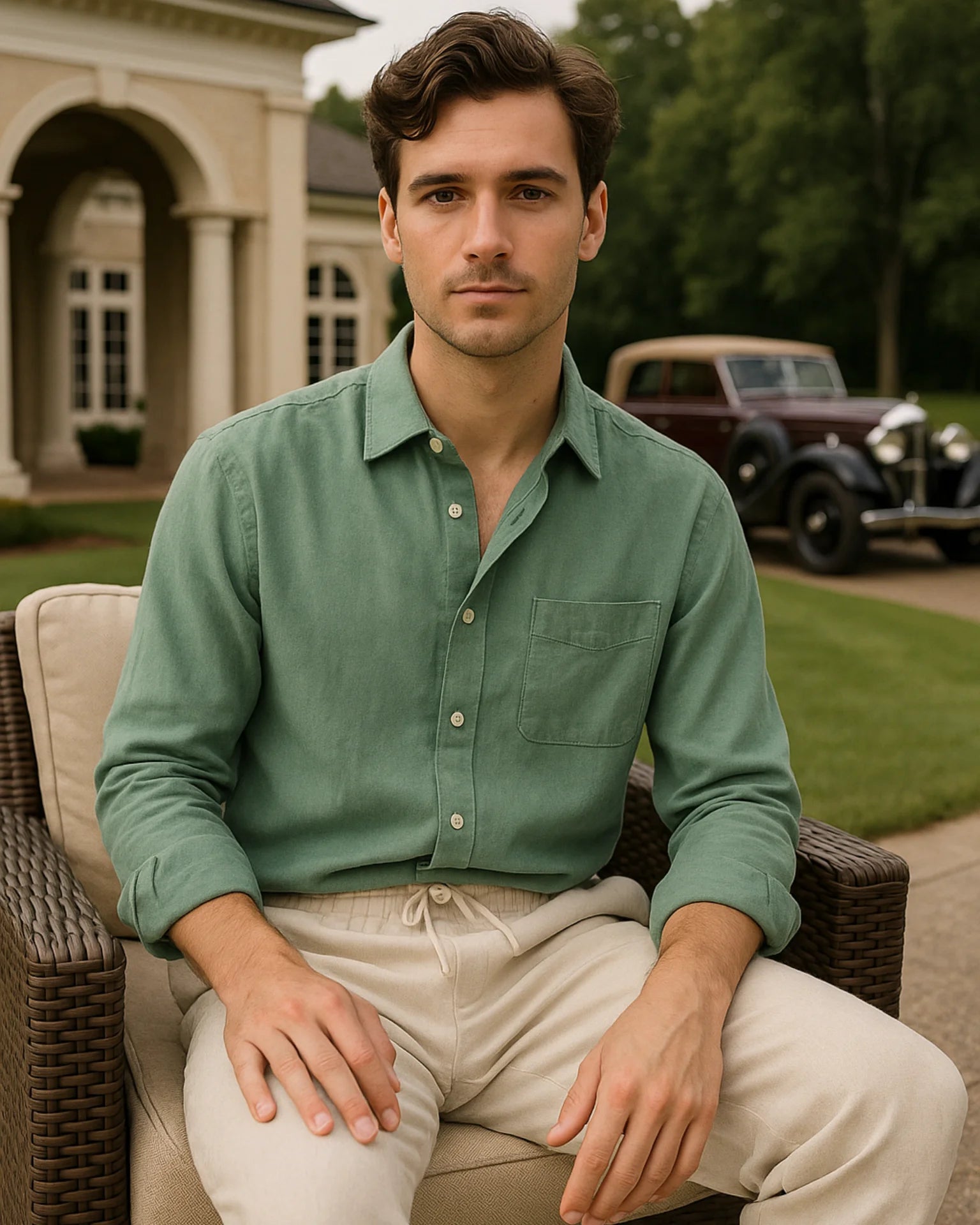 2 - PIECE LINEN SET - GREEN / BEIGE