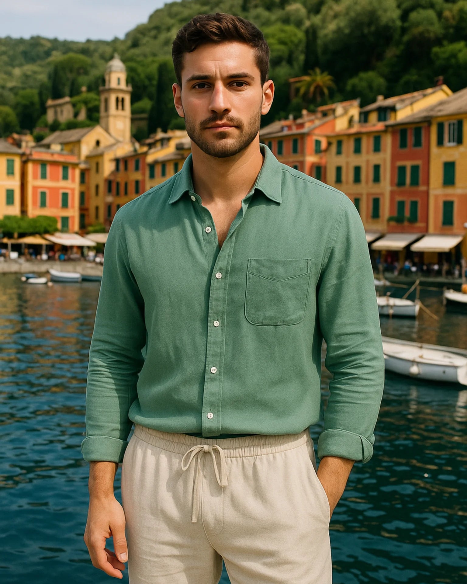 2 - PIECE LINEN SET - GREEN / BEIGE