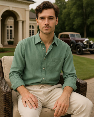 2 - PIECE LINEN SET - GREEN / BEIGE