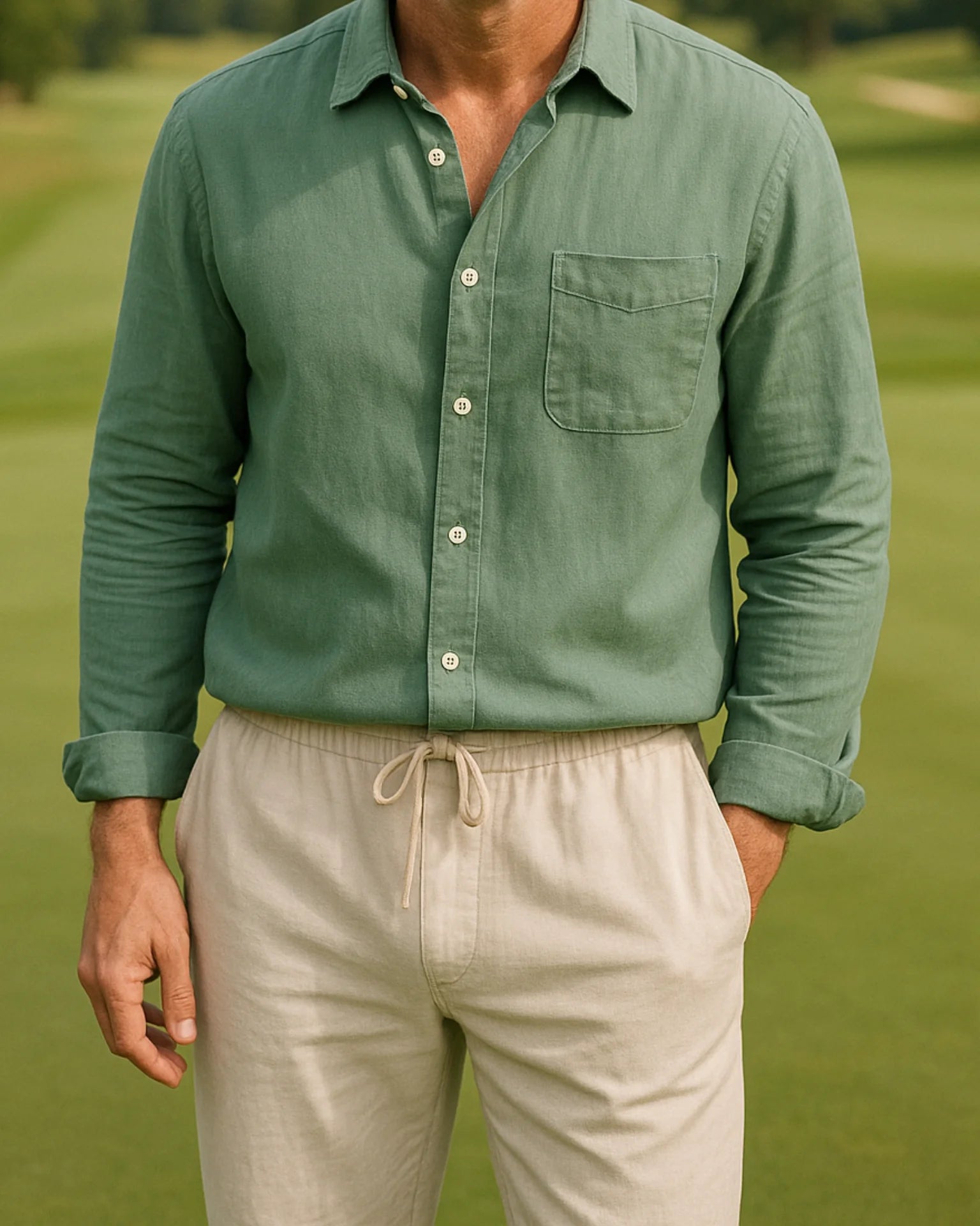 2 - PIECE LINEN SET - GREEN / BEIGE